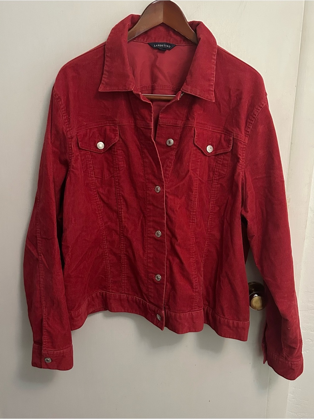 Lands end corduroy jacket denim trucker style, red, size: 3X